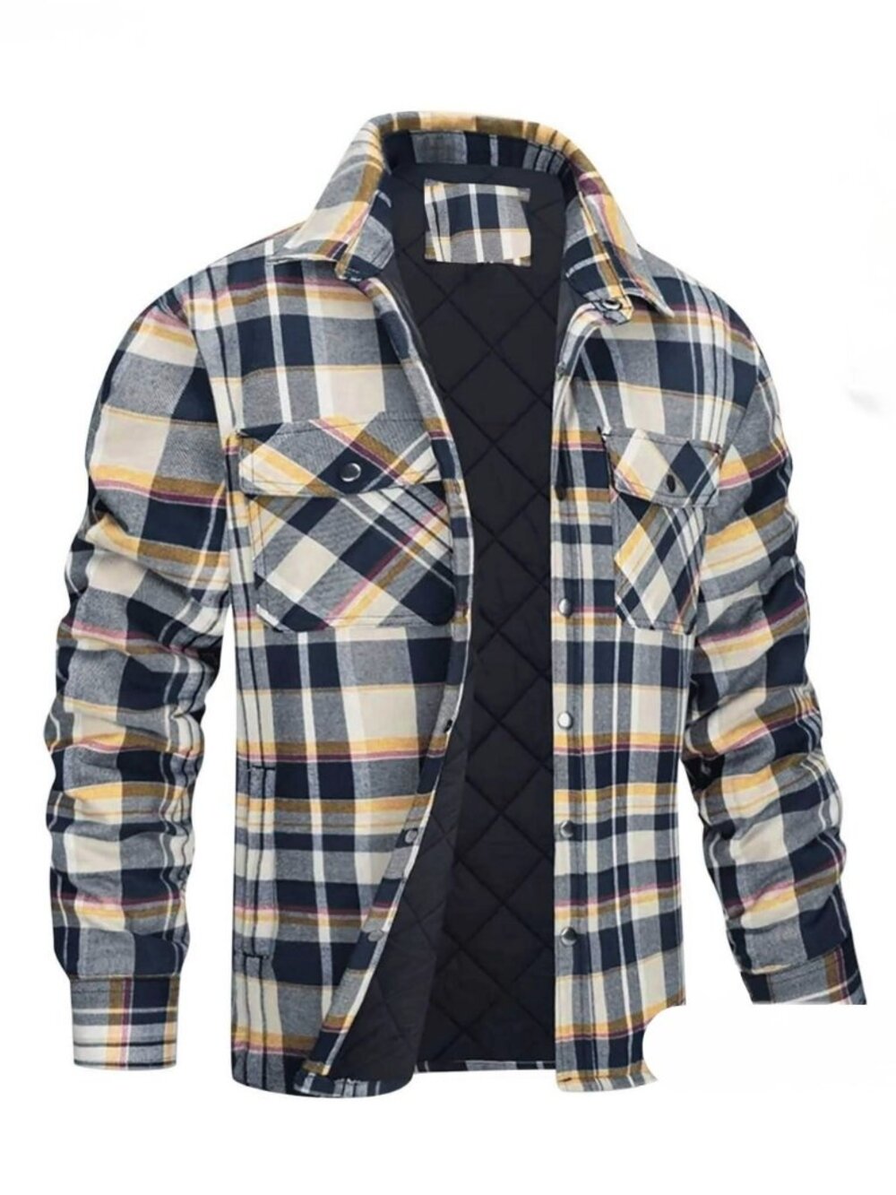 Men's flannel pattern shirt jacket with pockets size large blue/tan/white